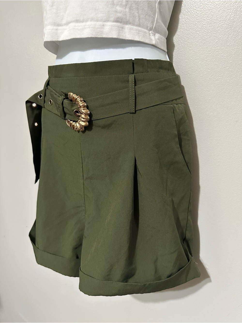 Olive Green High‑Waisted Belted Shorts with Gold Buckle – Size L